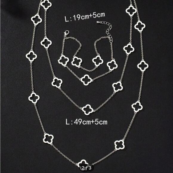 Silver Four Leaf Necklace Bracelet Set Luxury Two Piece Set - Picture 3 of 4